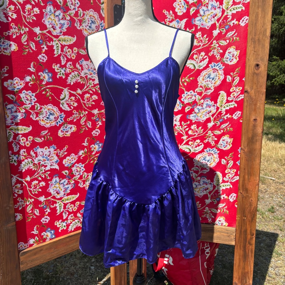 Vintage Indigo Blue Satin Peal Embellished Coquette Mini Lingerie Dress Size M